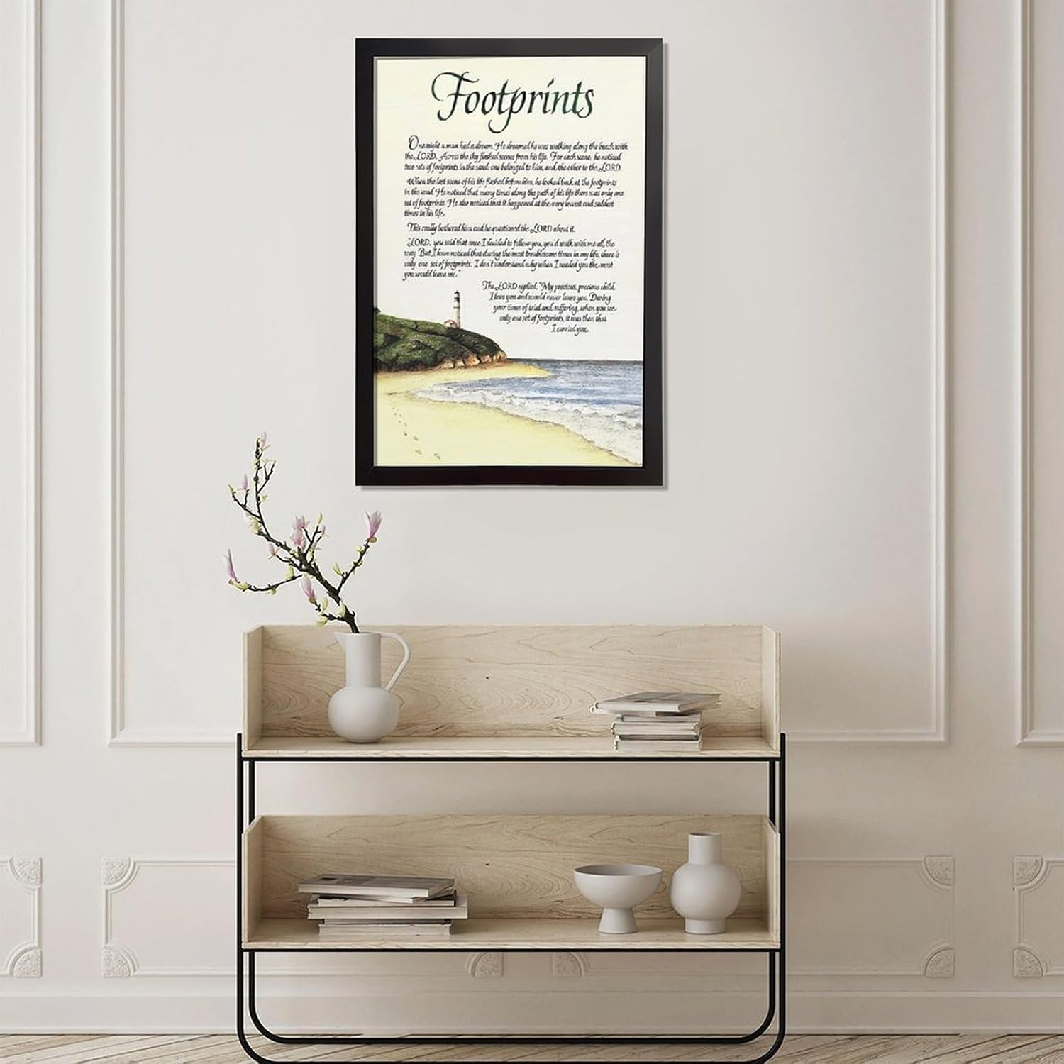 Footprints in the Sand Religious Canvas Wall Art Posters, Inspirational Beach Sunset Poem Print Poster (Black Framed 12x18inch, Footprints(5))