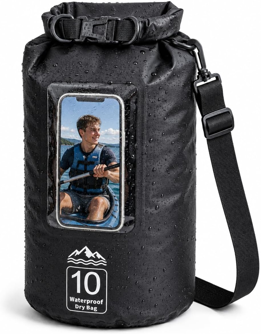 3L IPX8 Waterproof Dry Bag Backpack with Touchscreen Phone Pouch, Black