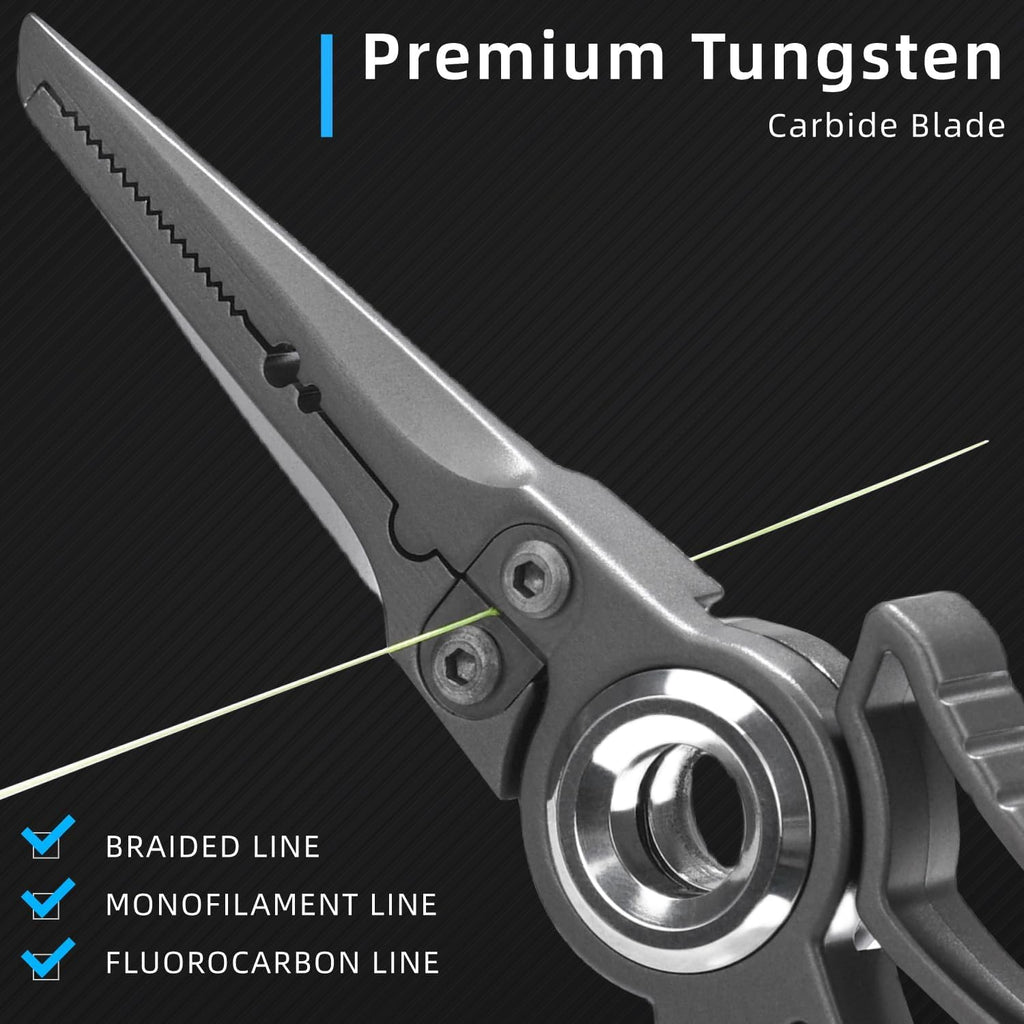 Gomexus 7 Inch Fishing Pliers and Titanium Plating, Saltwater Resistant Fishing Gear, Line Cutter, Hook Remover, Stainless Steel Split Ring Pliers with Carbide Blade-EXOSKELETON 7"