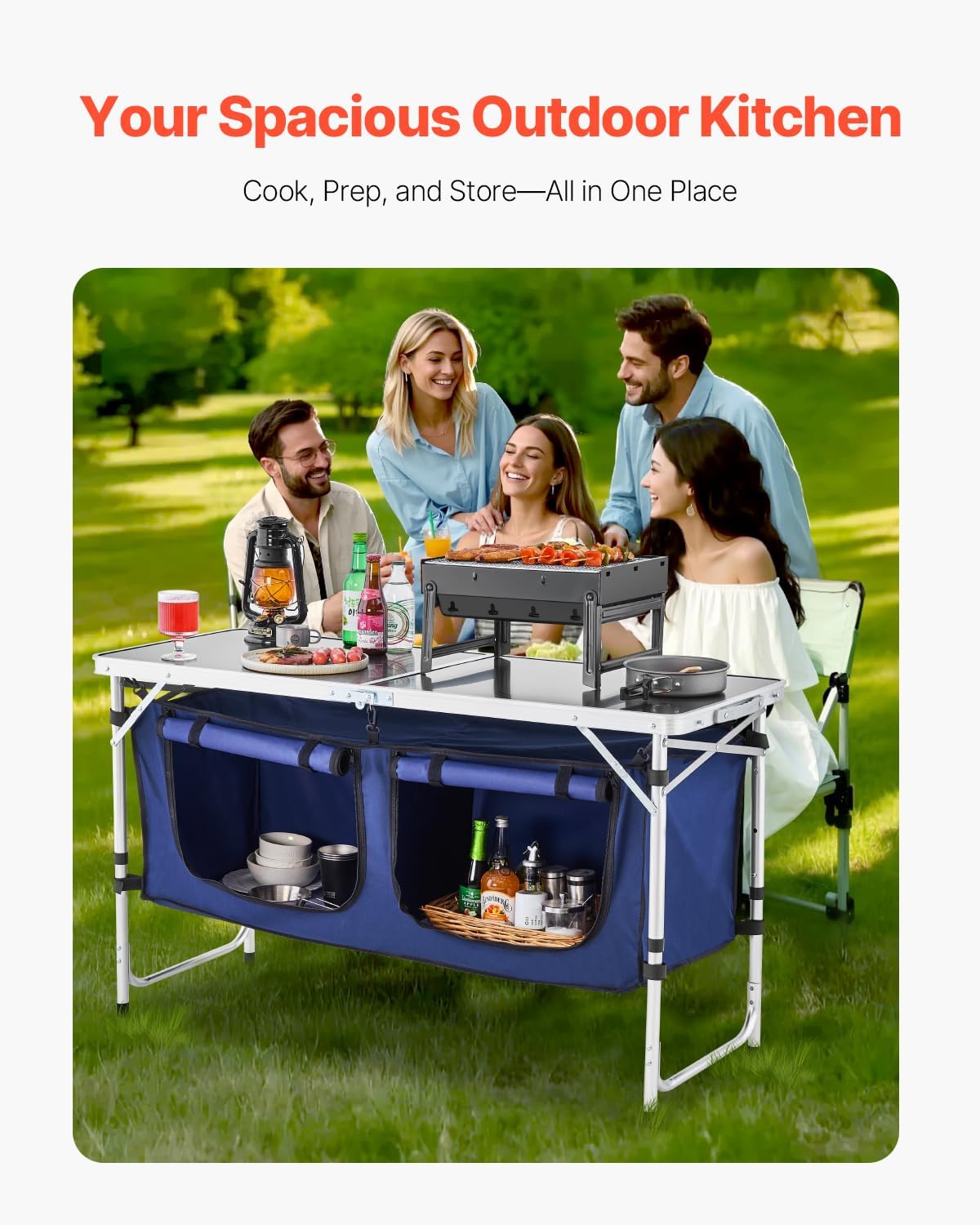 VEVOR Camping Kitchen Table, Folding Outdoor Cooking Table, 3 Adjustable Height, Aluminum Lightweight Portable Cook Station with Storage Organizer, Carry Handle, for BBQ Party Picnic RV Travel, Blue