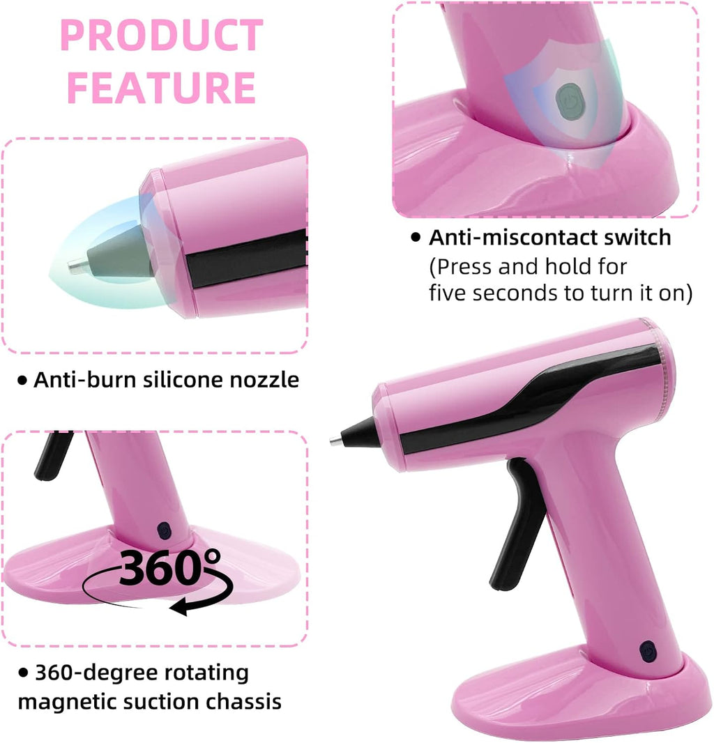 Liumai Cordless Hot Glue Gun Kit with 30pcs Mini Glue Sticks, USB Rechargeable Mini Glue Gun with Carrying Case, Stand-Up Base, Smart Power-Off Hot Melt Glue Gun for Crafting, Pink