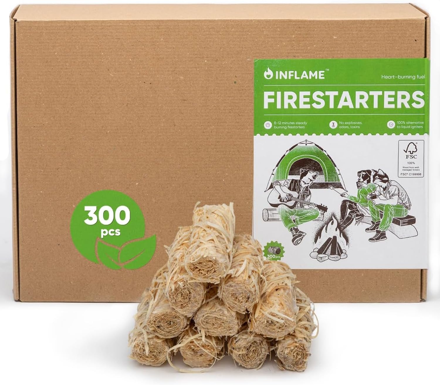 Inflame Fire Starters 300 pcs - Fire Starters for Campfires, Charcoal, BBQ