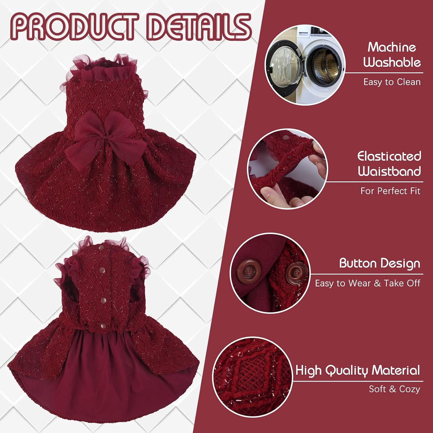 Kuoser Dog Dress, Princess Puppy Tutu with Bow-Knot, Red Dog Dresses XS