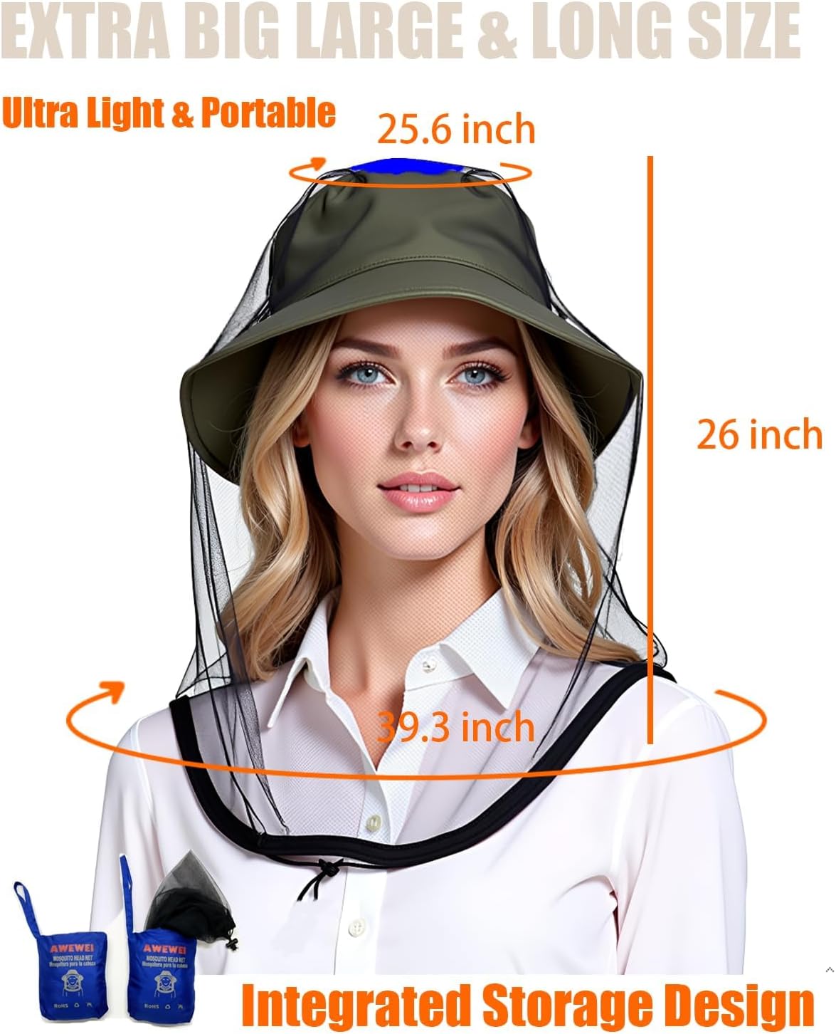 Mosquito Head Net,2 Pack Ultra Fine Ice Silk Cooling Large Long Mesh
