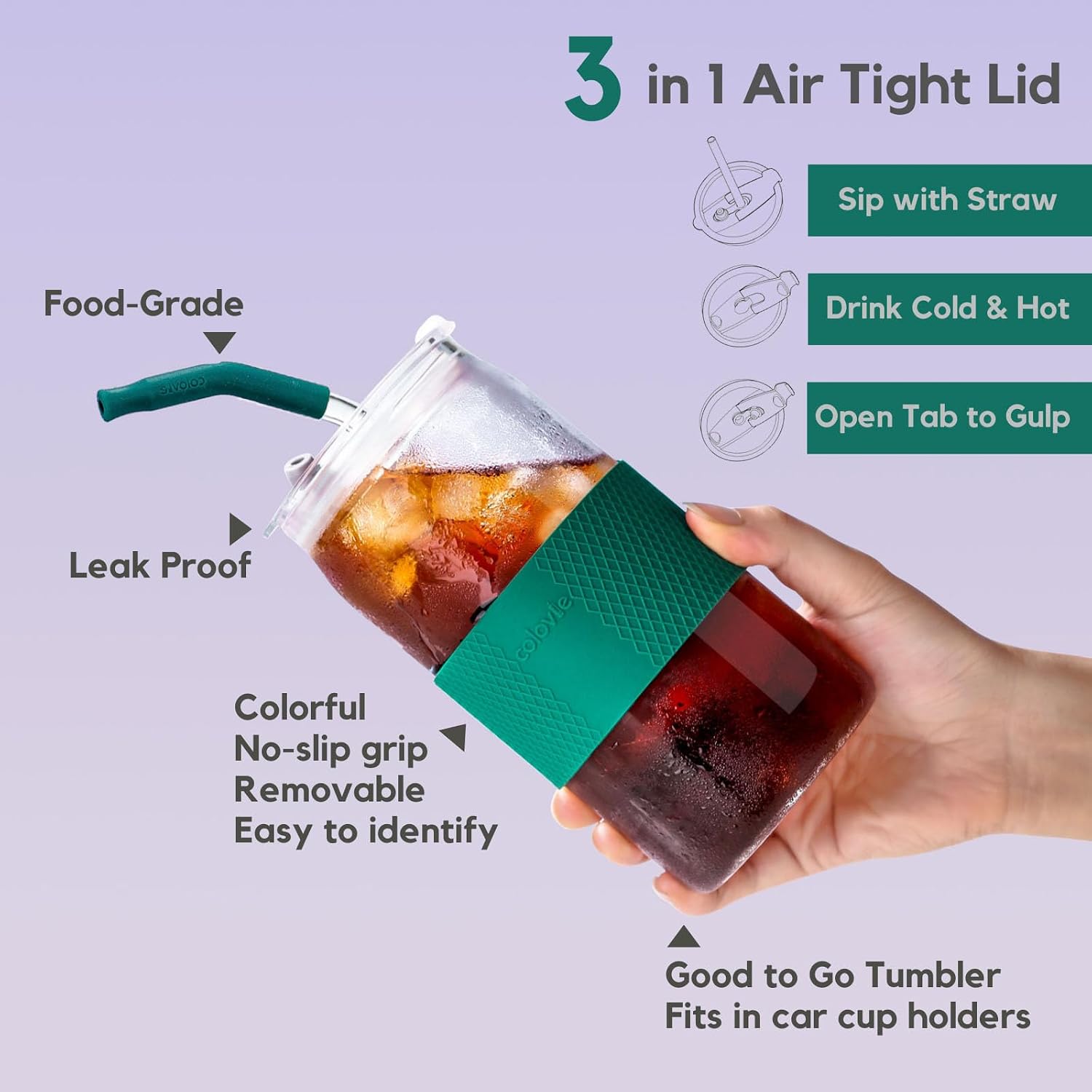 ColoVie 20oz Mixed Drinking Glasses with 6 Colors, Thicken Reusable Glass Tumblers with Lids and Straws, Removable Silicone Sleeve for Hot or Iced Drinking, Unique Colorful Glass Cups