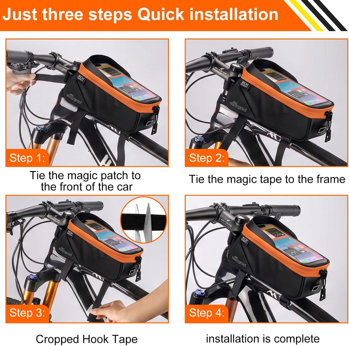 Bicycle Phone Frame Repair Bag with Tire Patch and Inflate Pump - Portable Travel Emergency Tool Kit, Bike Accessories for Adult Bikes with IPX4 Waterproof and Compatible Phone Under 7"