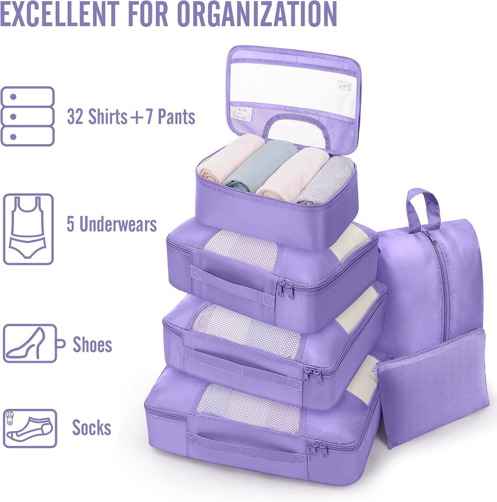 Veken 8 Set Packing Cubes for Travel Essentials,Anti-Wrinkle Buckled Suitcase Organizer for Shoe & Toiletry Bag,Carry On Luggage Bag with 99+ Count Mesh Holes for Airplane & College Dorm Accessories