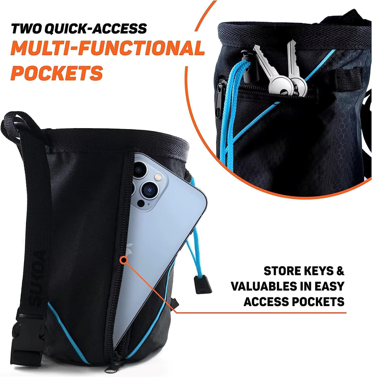 Chalk Bag for Rock Climbing with Quick-Clip Belt, Large Zippered Pockets & Brush Holder - Weight Lifting, Gym, Bouldering, Disc Golf, Wall Climbing Gear Accessories