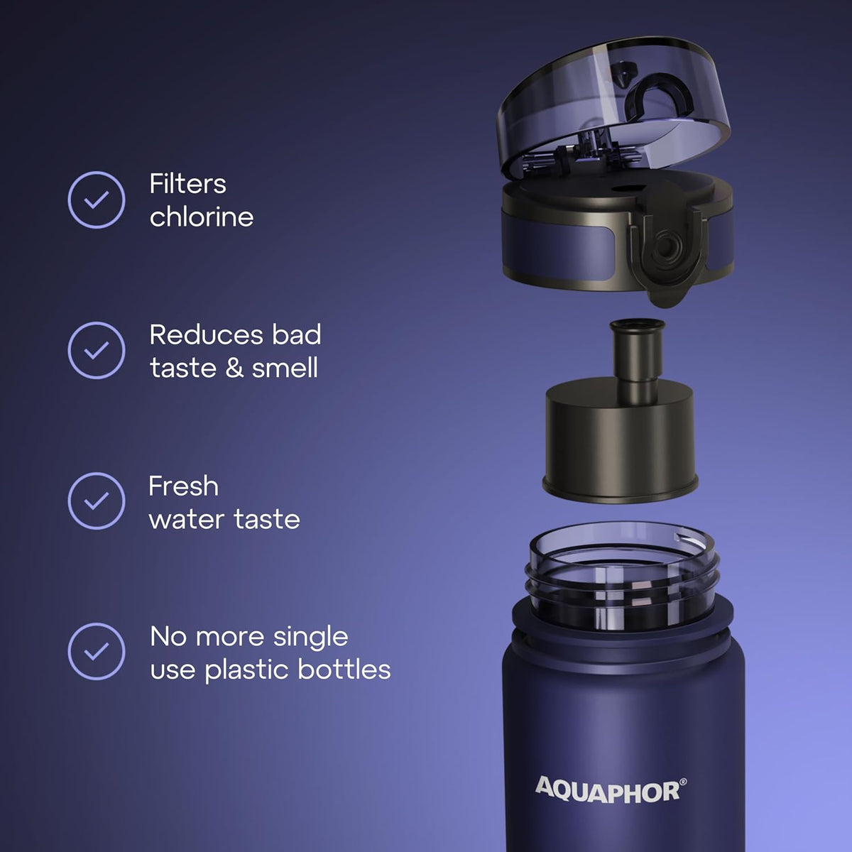 AQUAPHOR City Water Filter Bottle 17 oz | Reusable & Portable Filtered Water Bottle | BPA-Free | Perfect for Camping, Travel, Indoor & Outdoor Use | Navy Blue