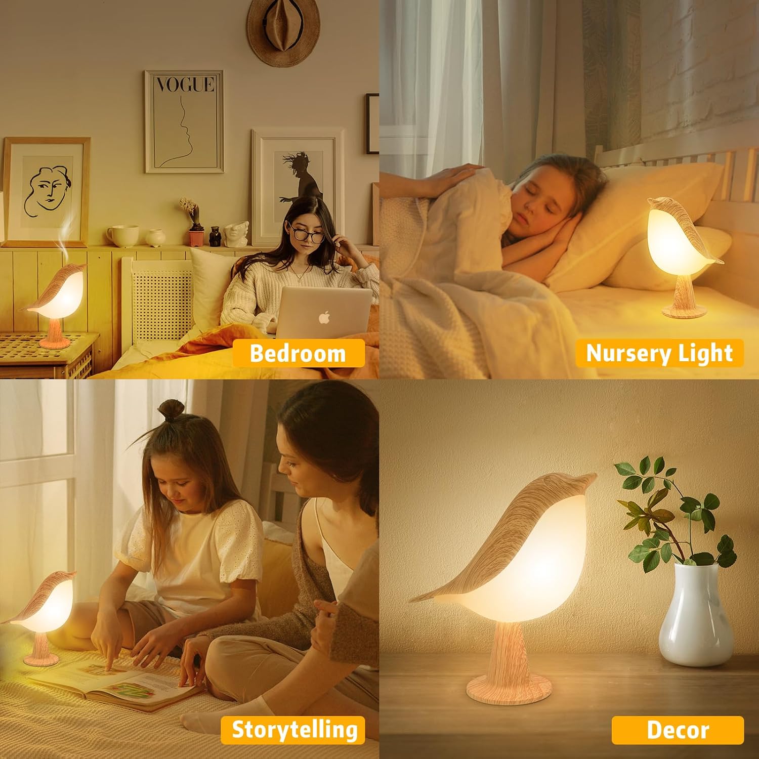 Deogos Small Desk Lamp, Cute Bird Light Cordless Lamp with 3 Color Temperature and Touch Sensor,Kids Night Light with Rechargeable Battery for Bedroom Nightstand Bedside Table Room Decor
