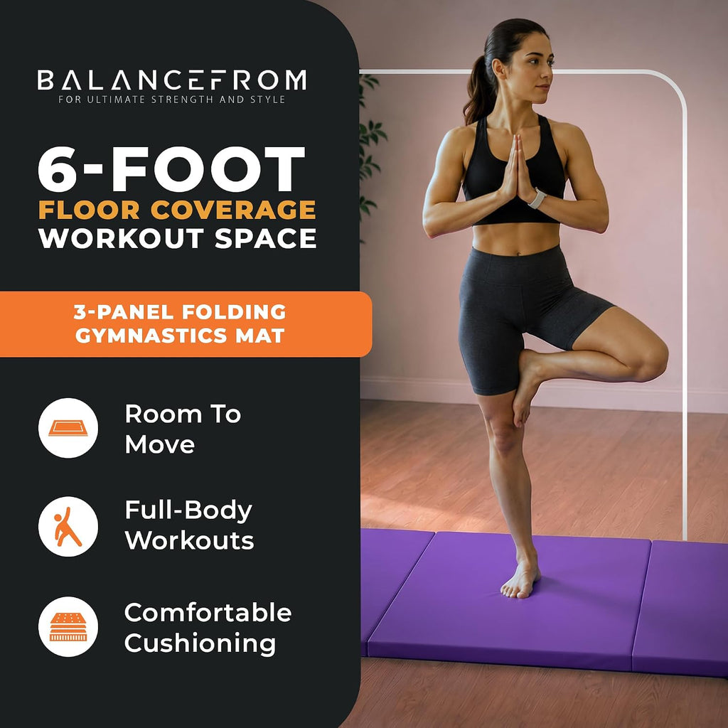 BalanceFrom 6x2 Feet 3-Panel Folding Gymnastics Mat – 1.5-Inch Thick Pad with Vinyl Surface and Carrying Handles for Tumbling, Yoga, Pilates, Home Workouts, and Martial Arts