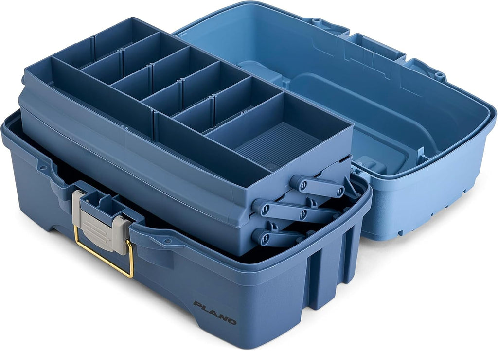 Plano Catch All Two-Tray Tackle Box Kit, Light Blue/Dark Blue, Rust-Proof Brass Latch, Top-Access Tray with Deep Storage, Made in the USA, Portable Fishing Gear Storage Organizer