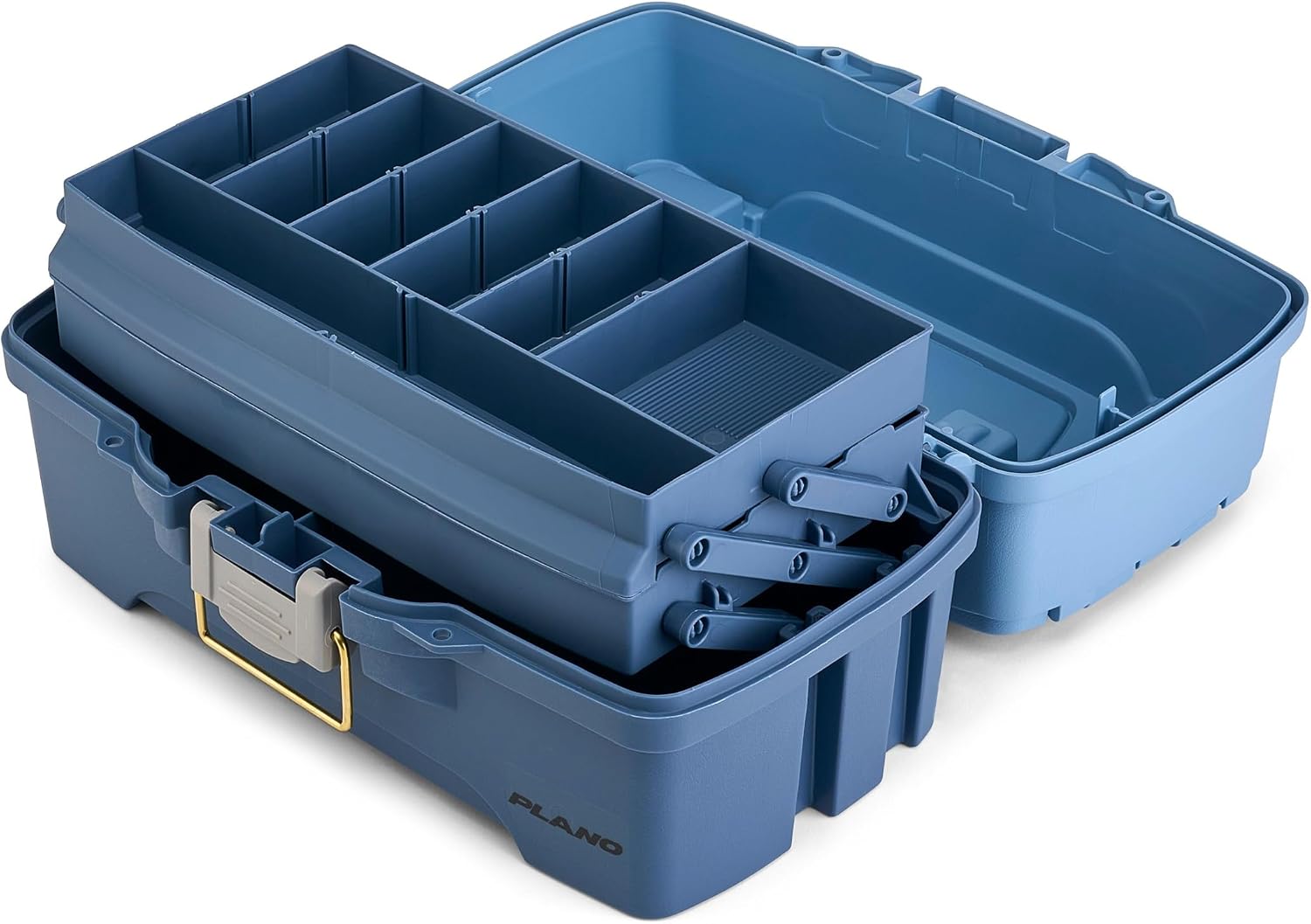 Plano Catch All Two-Tray Tackle Box Kit, Light Blue/Dark Blue, Rust-Proof Brass Latch, Top-Access Tray with Deep Storage, Made in the USA, Portable Fishing Gear Storage Organizer