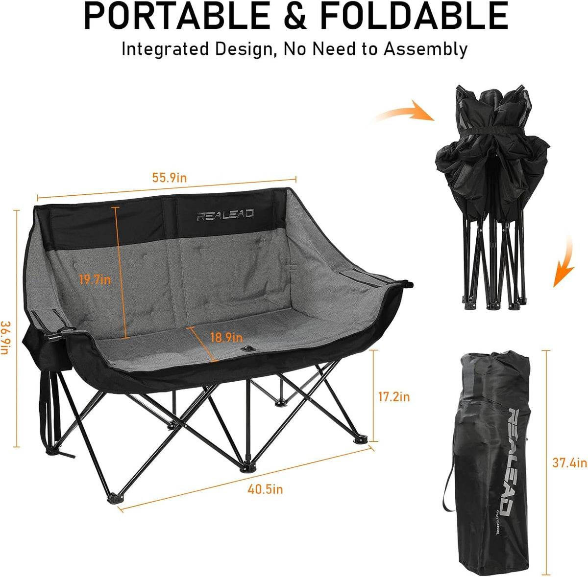 REALEAD Double Camping Chair Heavy Duty Camping Couch Support 650 lbs