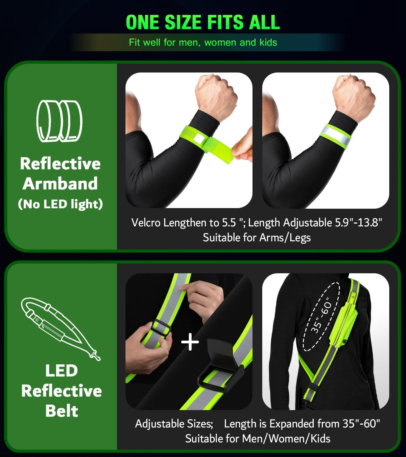Ylzzrs LED Belt Reflective Sash for Walking at Night,High Visibility Adjustable Night Running Safety Gear,Light Up Running Belt Reflective Gear with Phone Bag/Armband for Runners Walkers Men Women