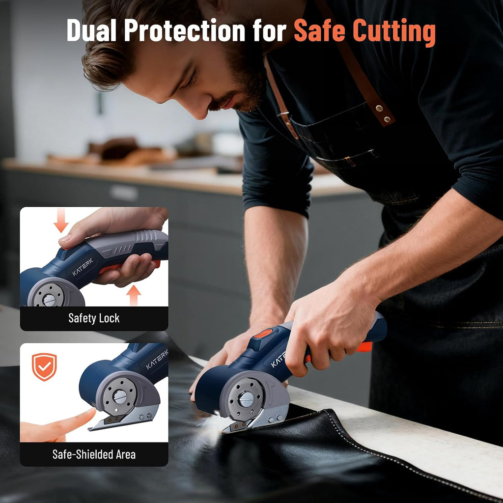 Electric Box Cutter, Katerk Cordless Electric Scissors with Safety Lock & LED Light, Cardboard Cutter, Ambidextrous Use, Rotary Cutter for Fabric, Leather, Plastic, Crafting