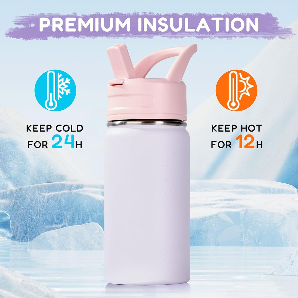 Fijinhom 12oz Water Bottle for School, Bottles with Straws, Stainless Steel Vacuum Insulated Water Bottle, Leak-Proof, BPA-Free, Gentle Purple + Luck
