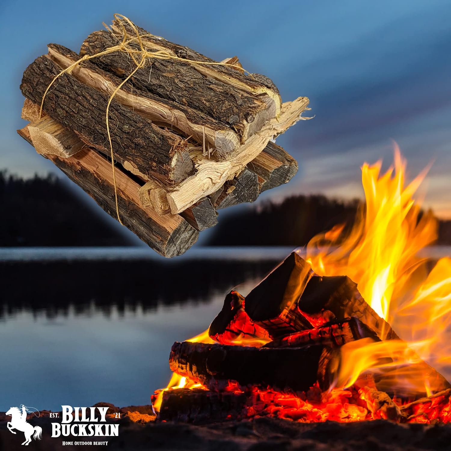 Billy Buckskin 1 Click Fire 19 LB Firewood Bundle – Juniper, Pinion & Mesquite & Fatwood Sticks - Split, Seasoned Firewood Logs for Fire Pit, Campfire, Fireplace, Wood Stoves and Outdoor Grilling
