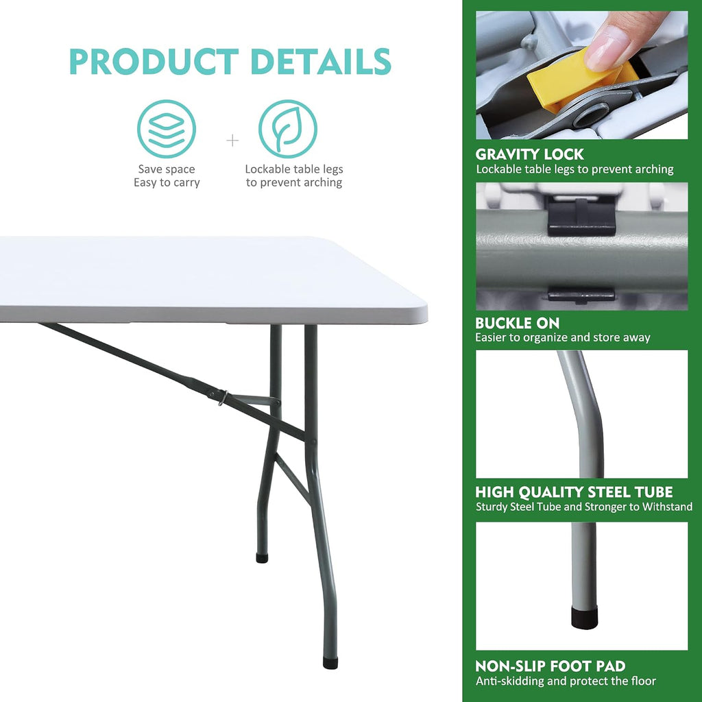 Foldable Table, Plastic 6FT Folding Table, Indoor Outdoor Portable Utility Table with Handle for Party, Camping and Picnic, White