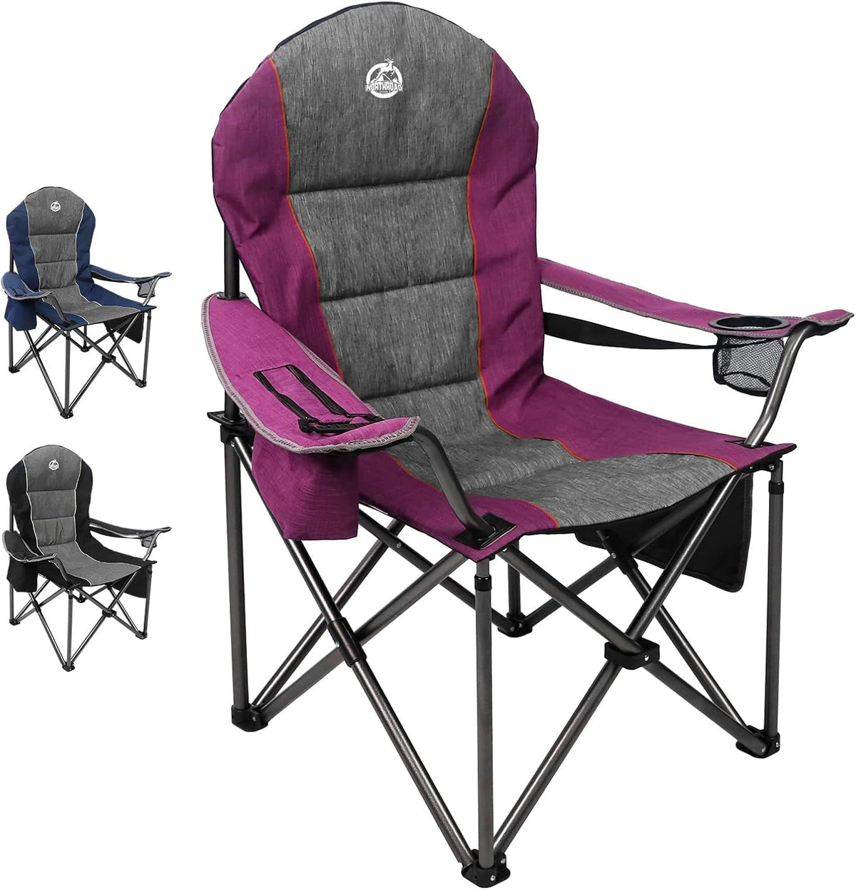 Northroad Oversized Portable Camping Chair, Full Padded Outdoor Folding Chair Support 350 LBS, Heavy Duty Lawn Chair with Cup Holder, Cooler Bag, Lumbar Support, Head Pocket for Adult-Beige