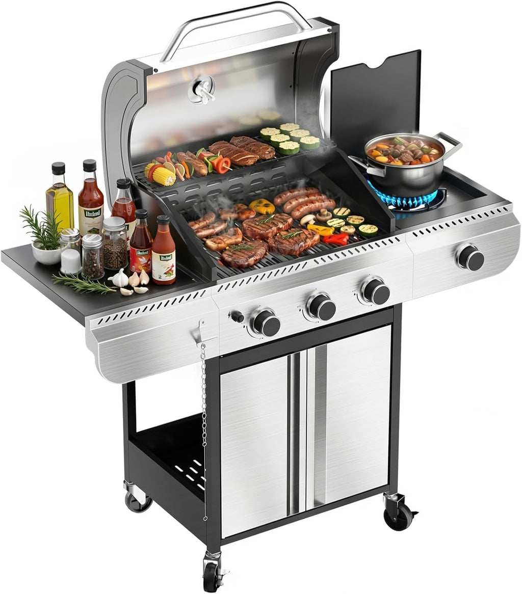 R.W.FLAME Gas Gril, 4Burner with Side Burner, Stainless Steel Outdoor Grill