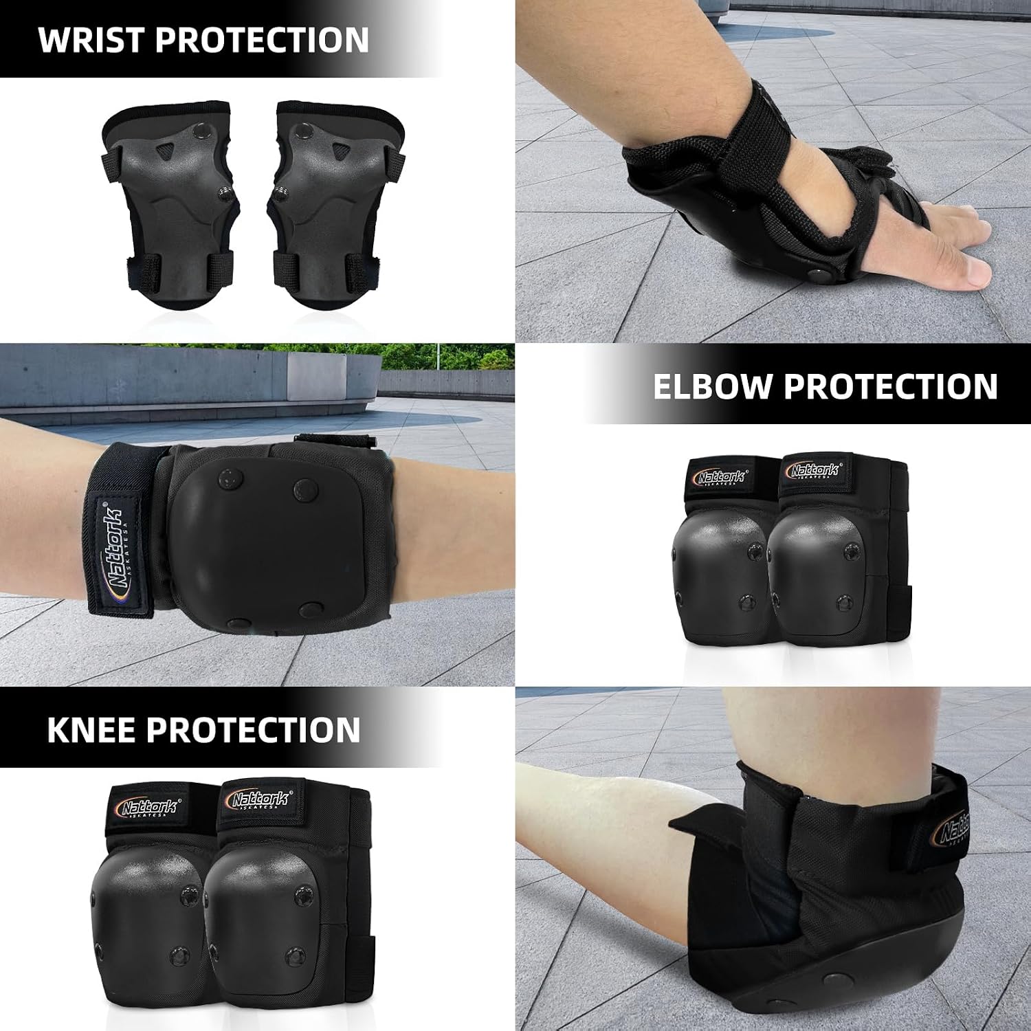 Nattork Knee Pads for Kids Youth Audlt，Knee and Elbow Pads with Wrist Guards 6 in 1 Protective Gear Set for Skateboard, Roller Skate, Inline Skates, Cycling and Scooter Boys Girls