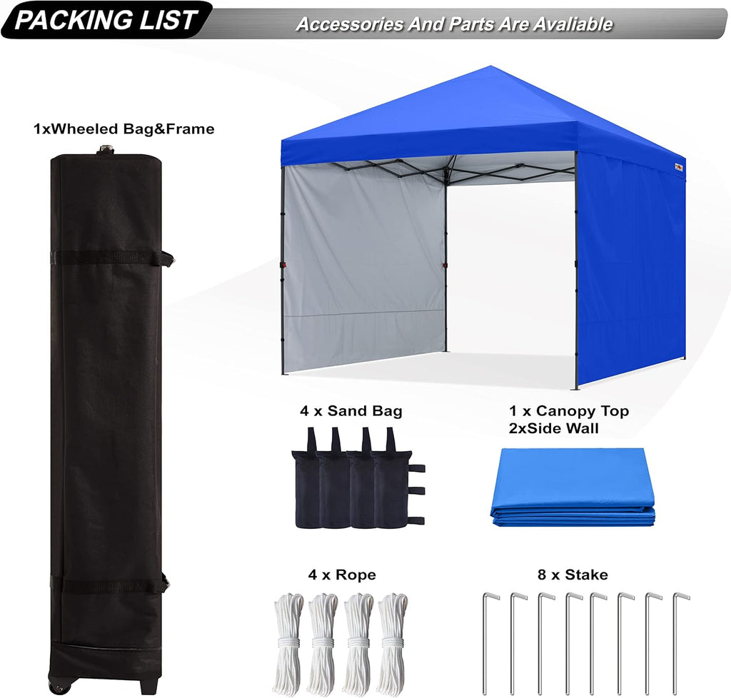 ABCCANOPY Easy Pop up Canopy Tent with 2 Sidewalls for Outdoor Sun Blocking or Rain Protection, 8x8, Royal Blue