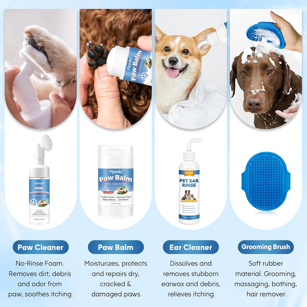 Pjordo Pet Essential Supplies for Dog & Cat, Cleaning Kit for Whole Body, Pet Wipes Cleaning Deodorizing, Grooming Wipes & Paw Cleaner, Finger Wipes for Teeth, Ear & Eyes, Suitable for Daily Care