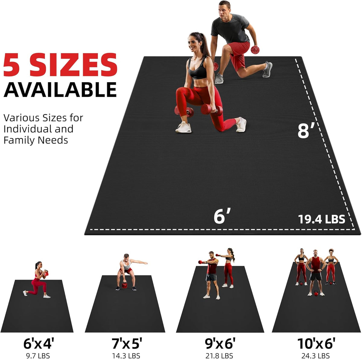 GymCope Extra Large Exercise Mat 10'x6'/9'x6'/8'x6'/7'x5'/6'x4' (8mm)