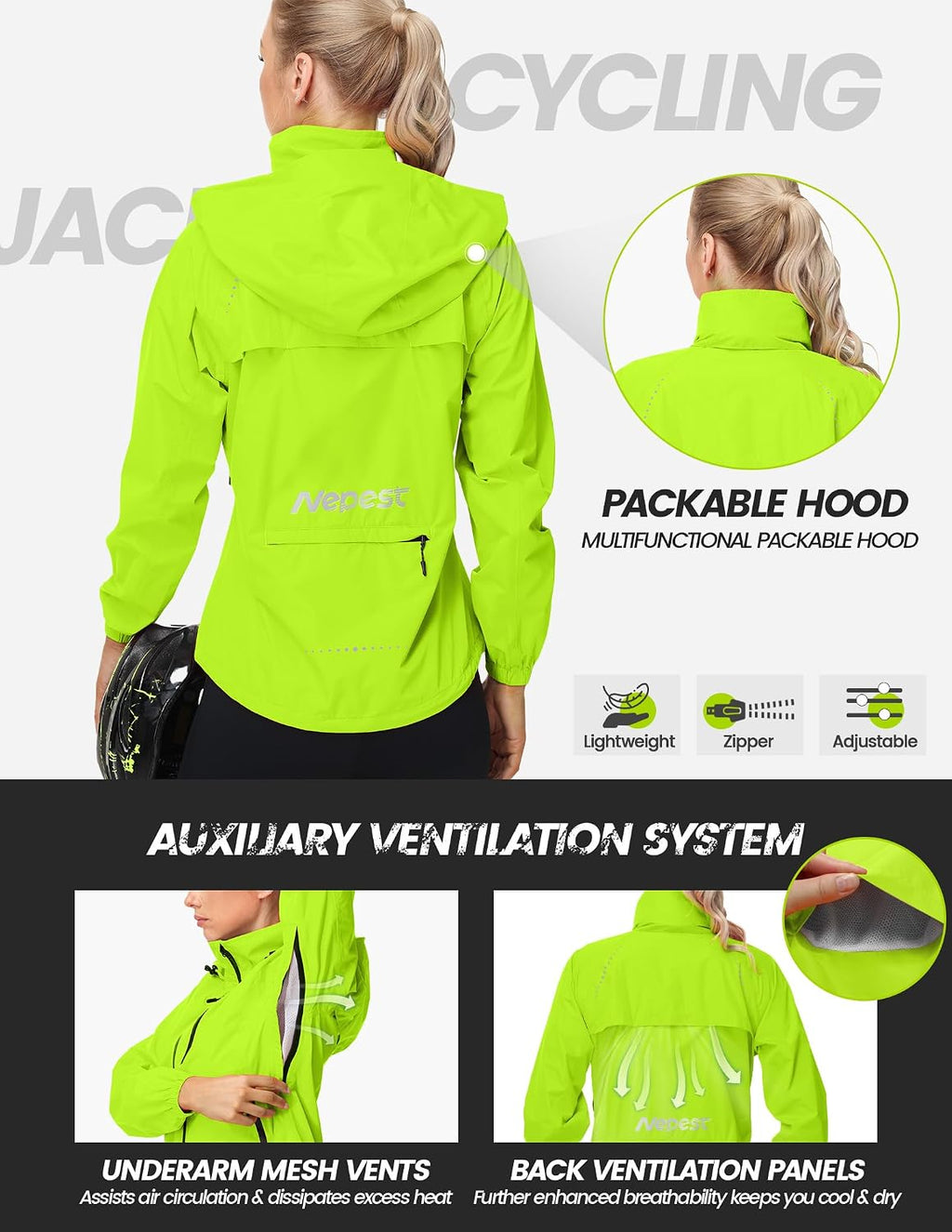 Nepest Womens Cycling Rain Jackets Biking Windbreaker with Hood UPF 50+