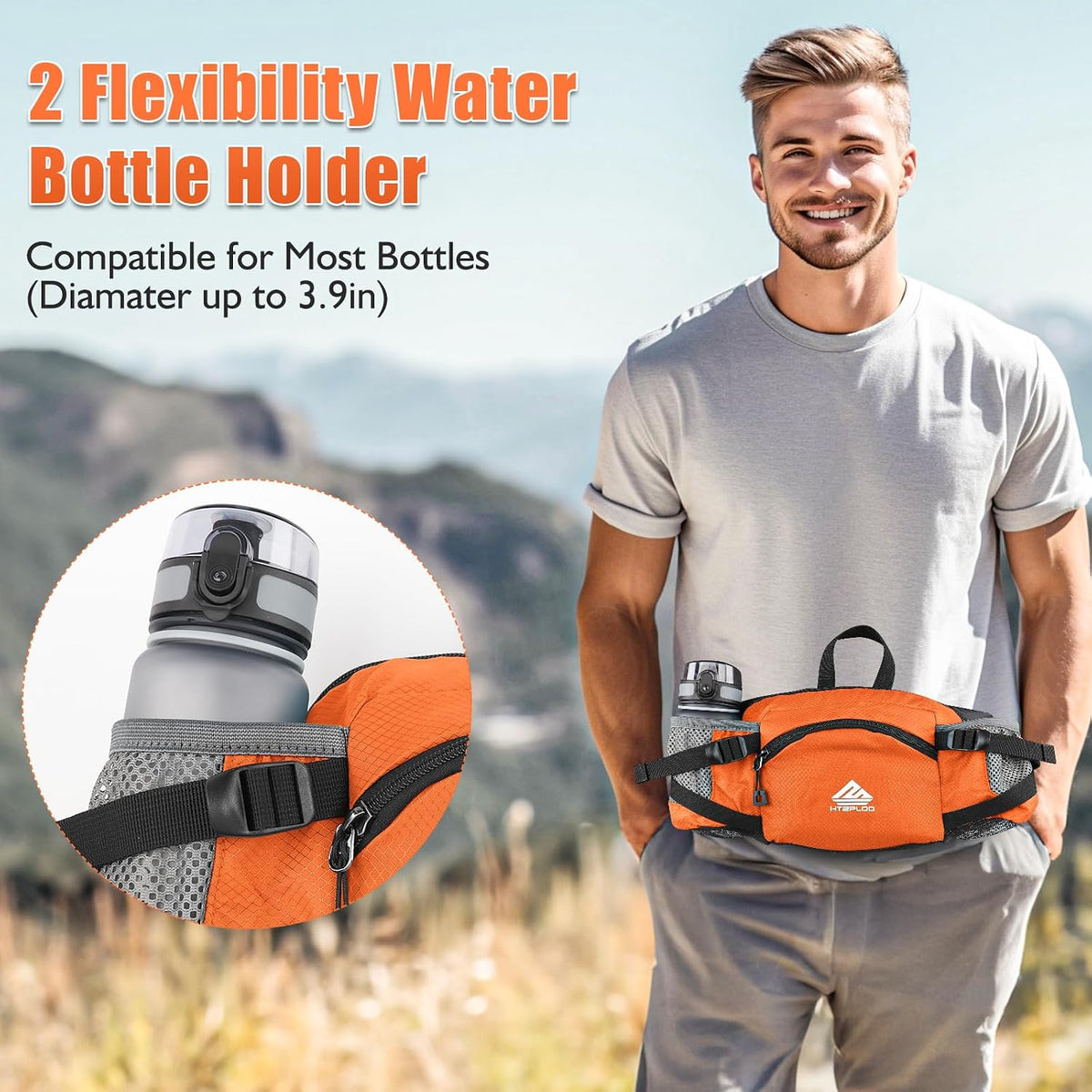 Fanny Pack Waist Bag with Water Bottle Holder for Men Women Running Hiking Travel Dog Walking Workout Cycling Outdoor (Orange)