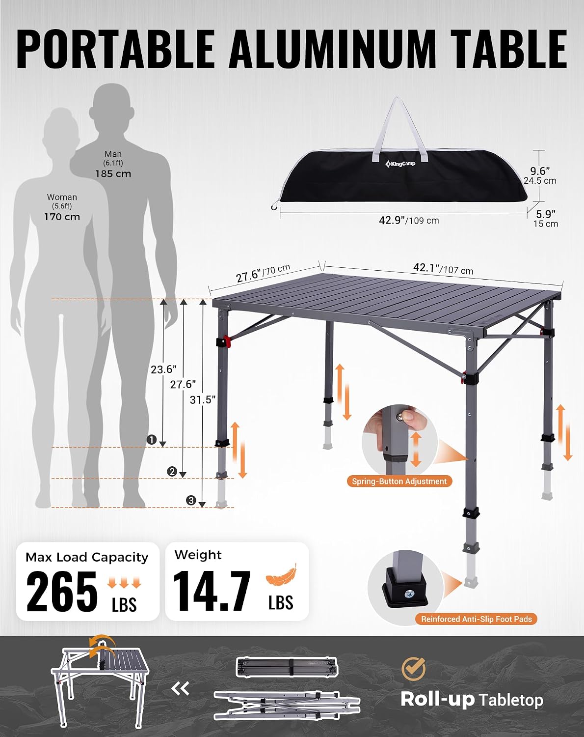 KingCamp 265 Lbs Folding Camping Table, 3-Height Heavy Duty Outdoor Table
