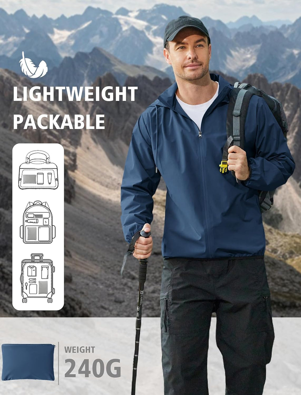 COOFANDY Men's Light Rain Jacket Packable Waterproof Raincoat Windbreaker