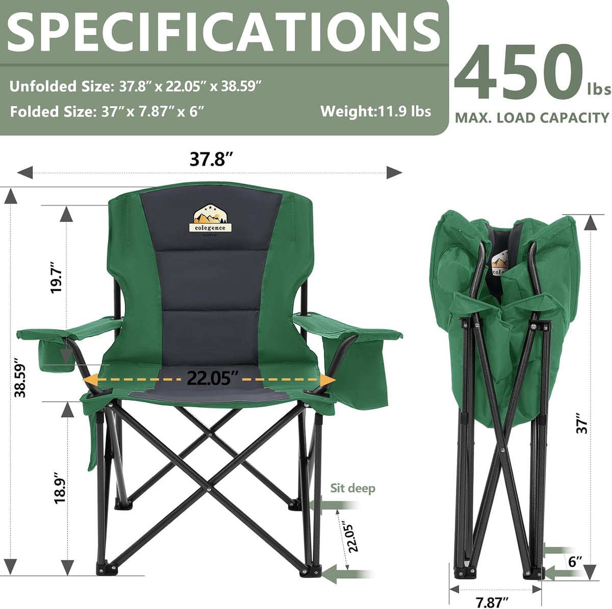 Colegence Oversized Heavy Duty Camping Chairs, 2 Pack, 450 lb, Green