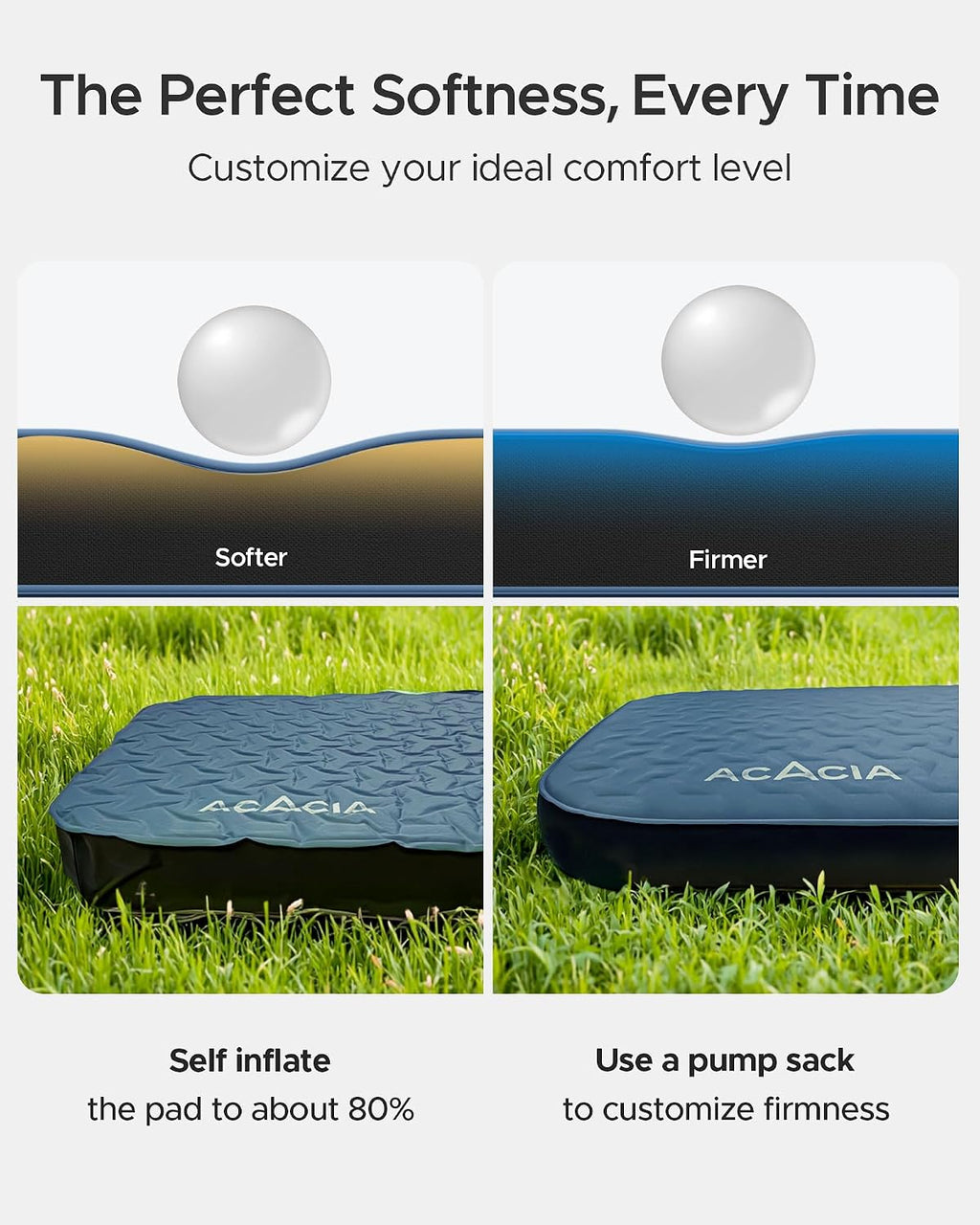Acacia 4" Thick Self Inflating Sleeping Pad with Foam, Innovative Y-Shaped Telescopic Structure, Ultraportable Camping Air Mattress with Pump Sack, Easy Roll Up Sleep Bed for Travel Tent Car