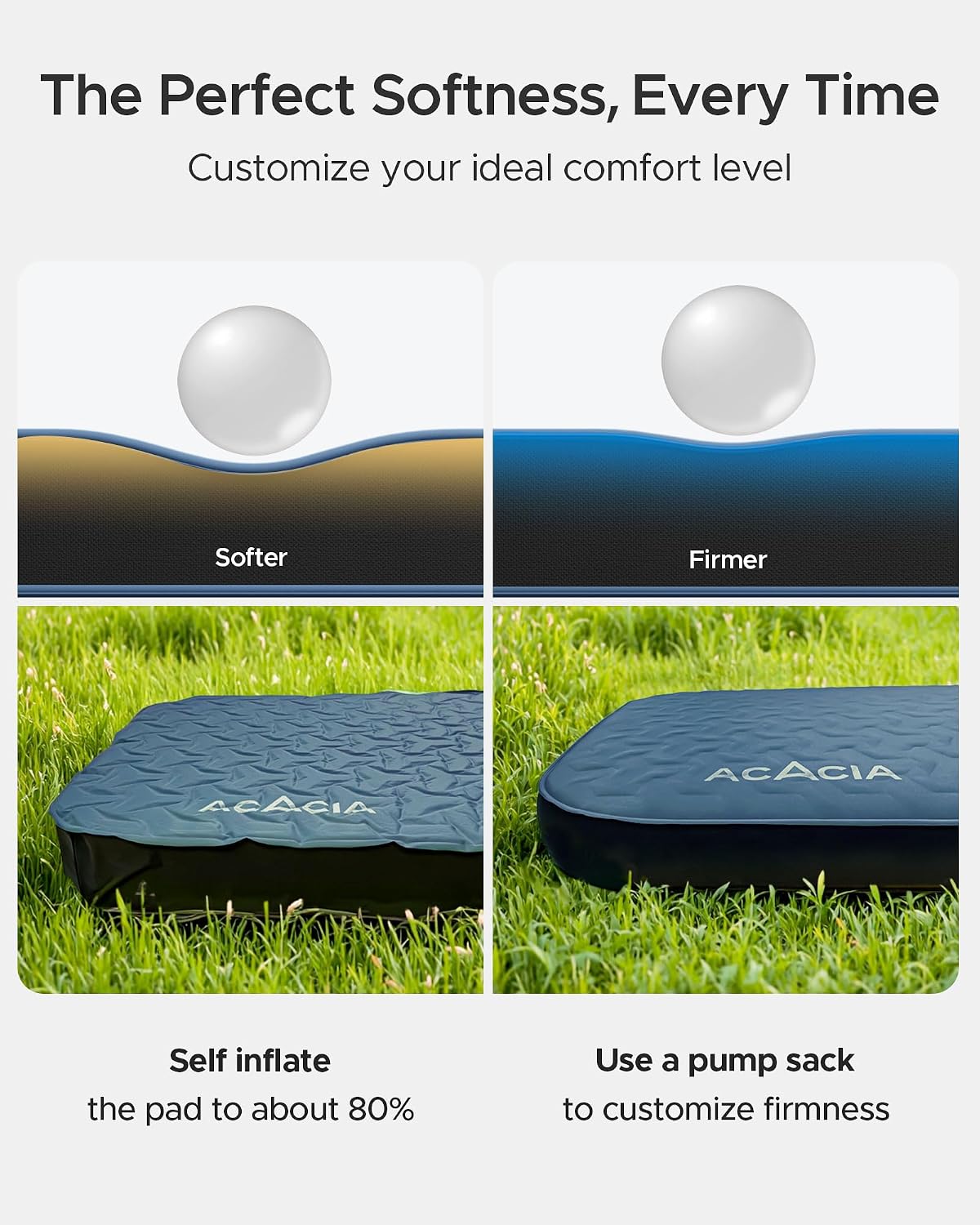 Acacia 4" Thick Self Inflating Sleeping Pad with Foam, Innovative Y-Shaped Telescopic Structure, Ultraportable Camping Air Mattress with Pump Sack, Easy Roll Up Sleep Bed for Travel Tent Car