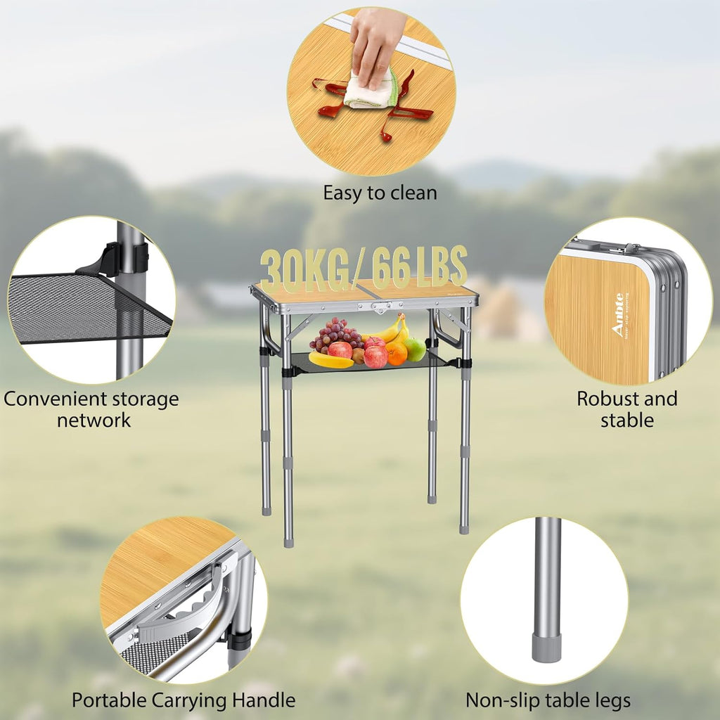 Anbte 2ft Camping Folding Table, 3 Adjustable Heights High 27.5", 24" x 16"