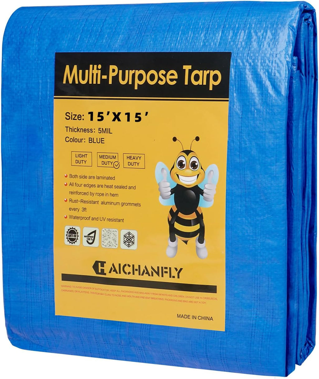 Heavy Duty Double-Sided Waterproof Poly Tarp 15x15 Feet 8mil Thick Polyethylene Tarps, Perfect for Outdoor Use, Plastic Cover & Mat for Tent Camping Storage Boat Bikes Vehicles