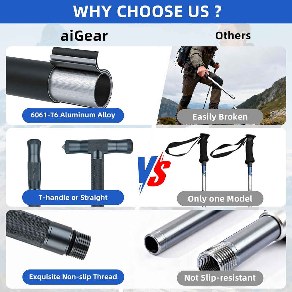 aiGear H2/H3 Heavy-Duty Walking Stick with Multi-Tool, 6-8 Section Staff