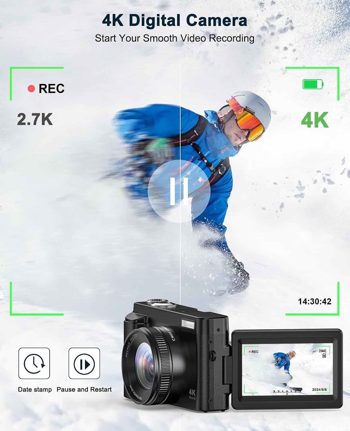 4K Digital Camera for Beginners & Teens, with Flip Screen, 32G Card(Black)