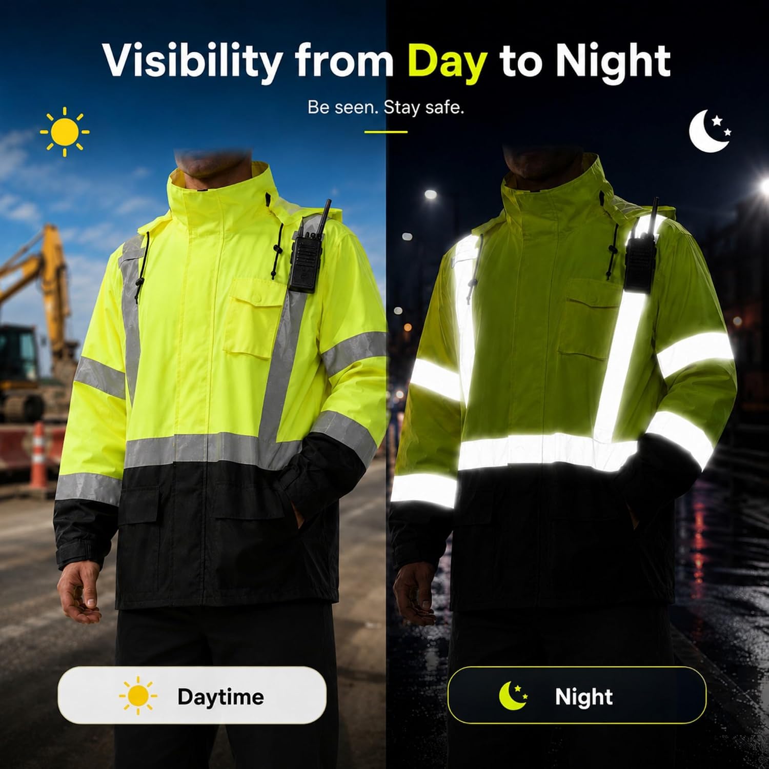 SKSAFETY Hi Vis Safety Rain Jacket for Men, Construction Work Rain Gear Heavy Duty Class 3 Rain Coat Waterproof Lightweight