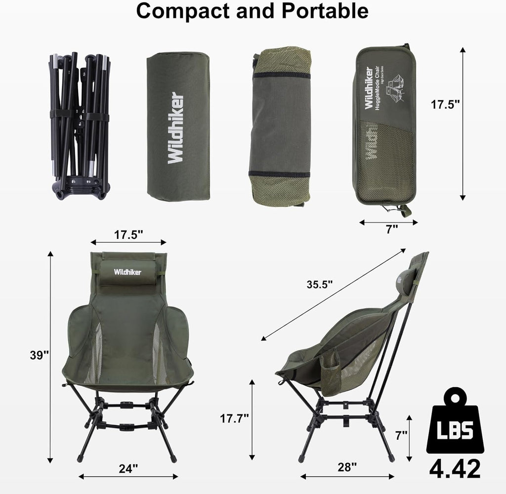 Wildhiker HuggleMode High Back Folding Camping Chair, 2 Seat Heights -Green