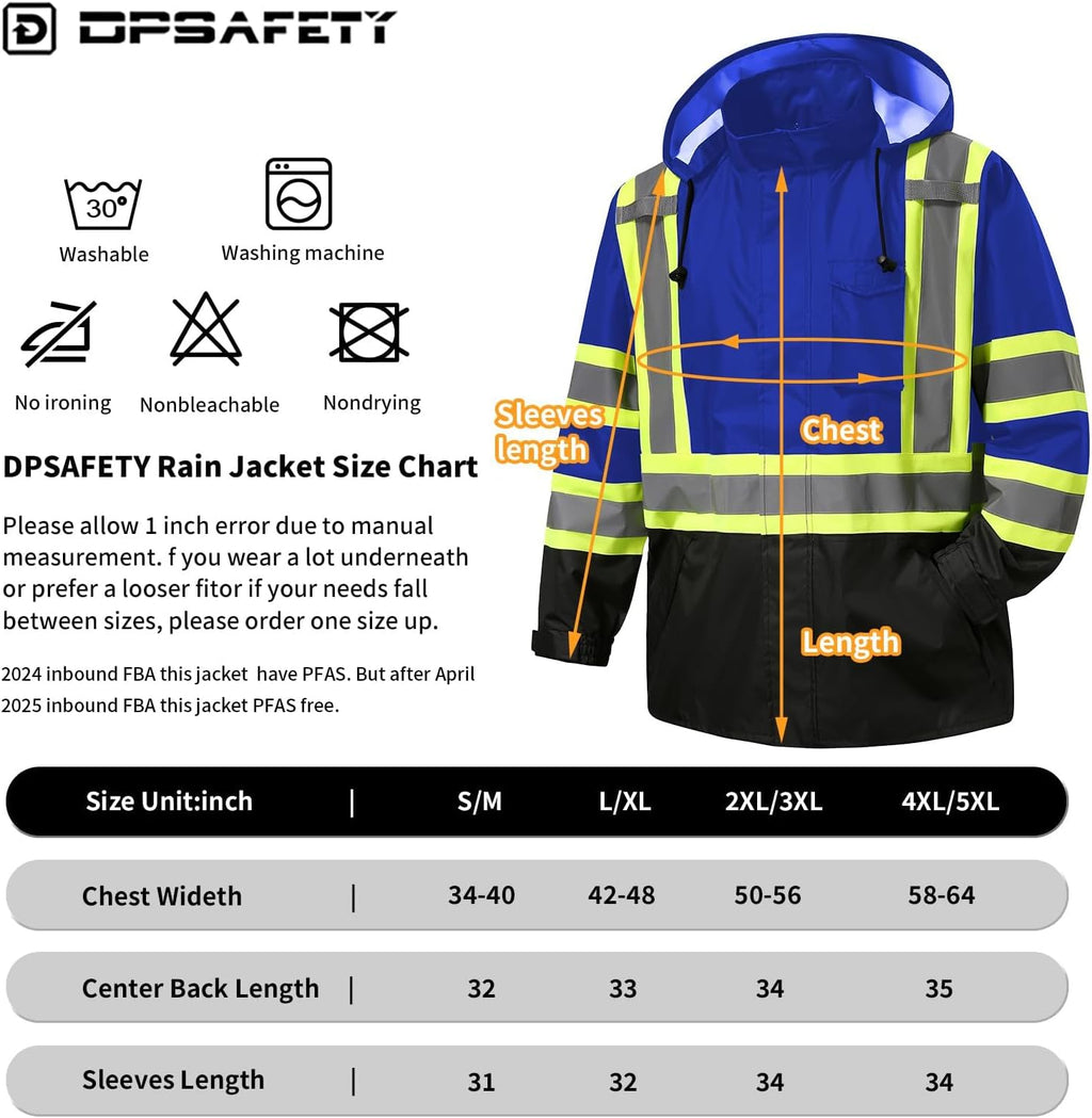Reflective Rain jackets for men waterproof,Hi Vis Safety Coat With Reflective Strips，High Visibility Class 3 Rain jackets With 2 large pockets,Zipper,Blue,LG/XL