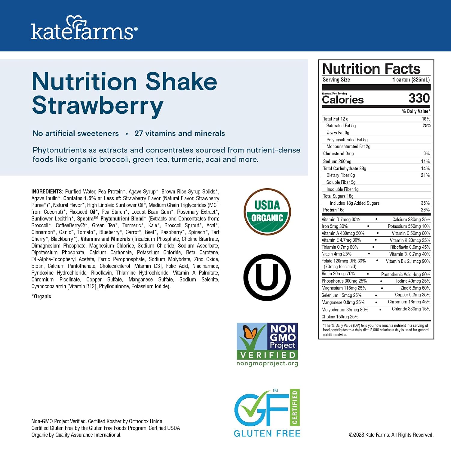 KATE FARMS Organic Nutrition Shake, Strawberry, 16g Protein, 12 Pack