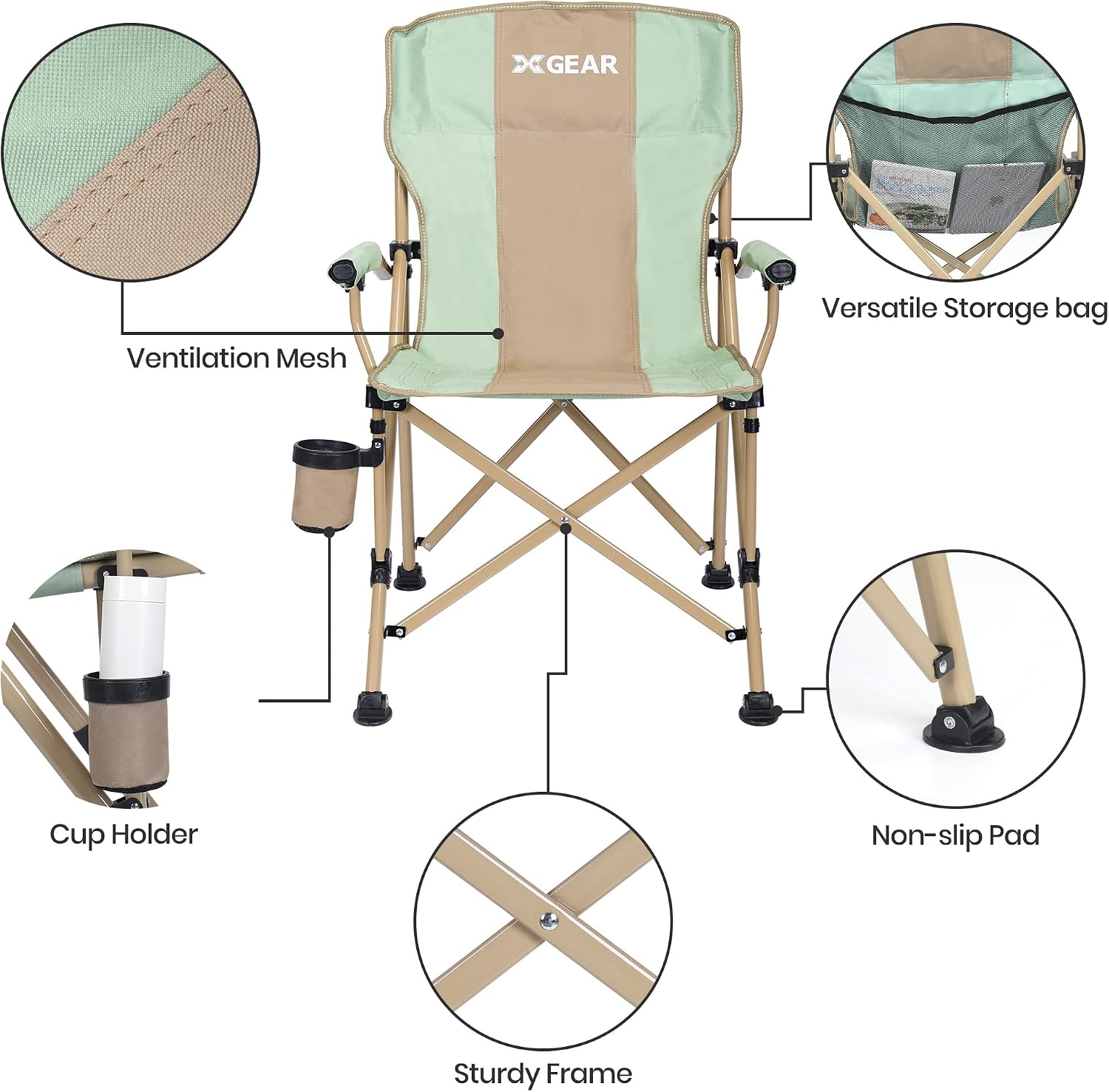 XGEAR 330LB Heavy Duty High Back Hard Arm Camping Chair with Cup Holder