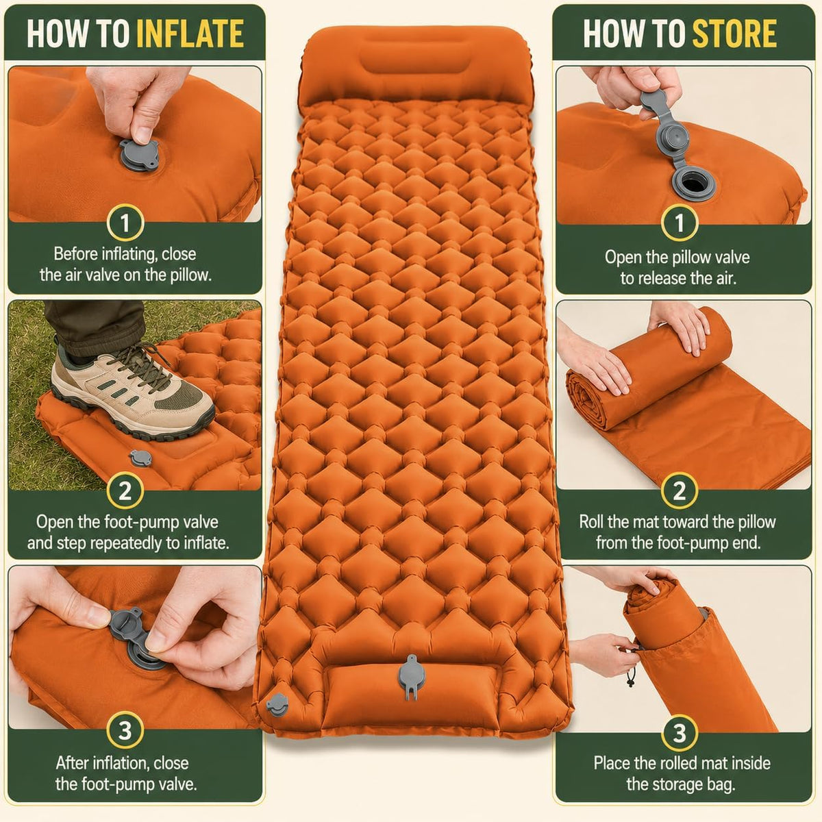 Camping Sleeping Pad, Ultralight Camping Mat with Pillow, Built-in Foot Pump Inflatable Sleeping Pads Compact for Camping Backpacking Hiking Traveling Tent