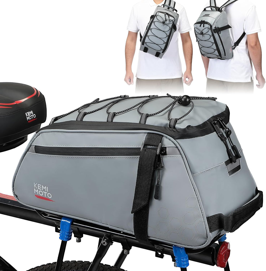 KEMIMOTO 3-in-1 Rear Bike Bag, 11L Convertible Backpack/Shoulder Bag, Gery
