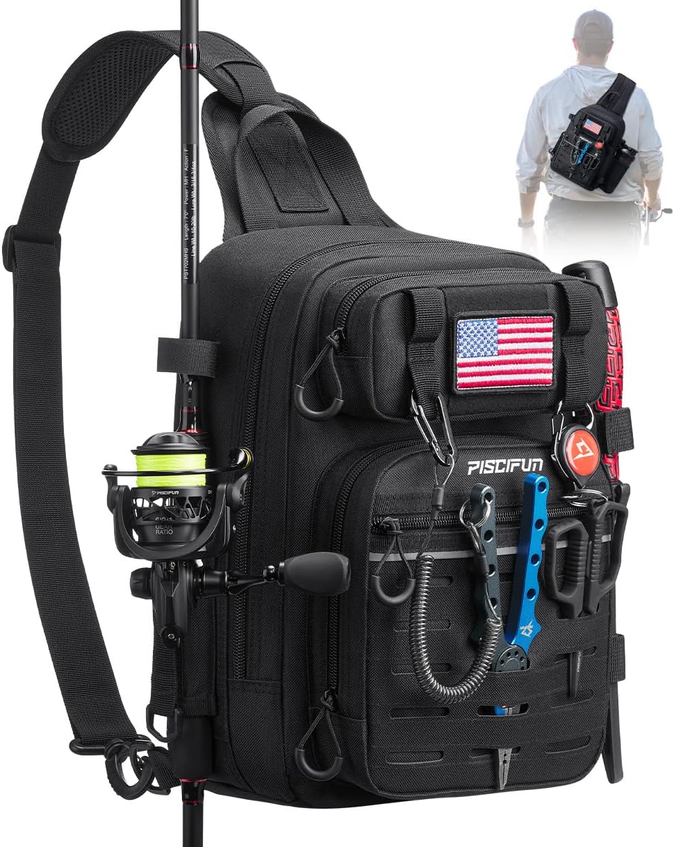Piscifun Fishing Backpack Tackle Bag with 2 Rod Holders, Multi-Compartment Storage, MOLLE System, Water-Resistant Lightweight Outdoor Pack,Single Shoulder Black Standard