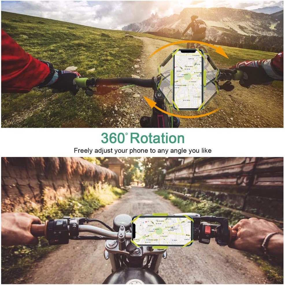 Bike Phone Mount, Motorcycle Mountain Bike Handlebar Bicycle Golf Cart Stroller Cell Phone Holder with Rubber Strap 360 Degrees Rotate for iPhone X 8 7 6 6s Plus Samsung (Green)