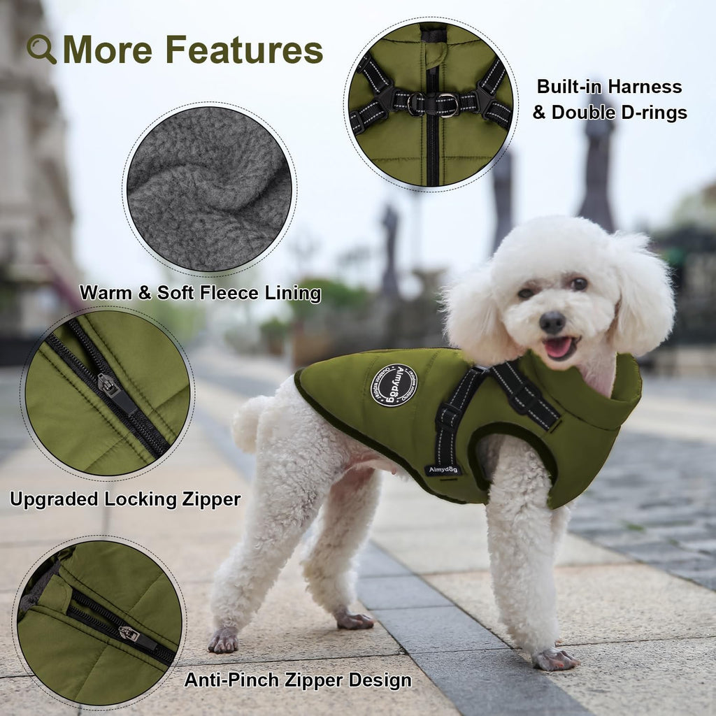 Warm Dog Winter Coat, Dog Cold Weather Jacket with Built-in Harness, Reflective & Adjustable Comfortable Pet Vest, Windproof Apparel for Small Medium Large Dogs (Green)